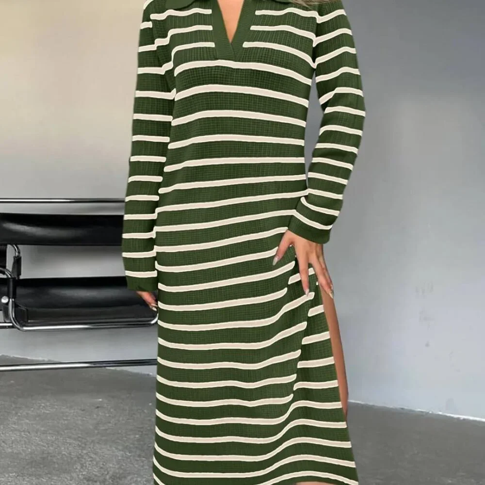 Women's Knitted Sweater Dress Fall Casual V Neck Collared Long Sleeve Midi - Picture 2 of 5